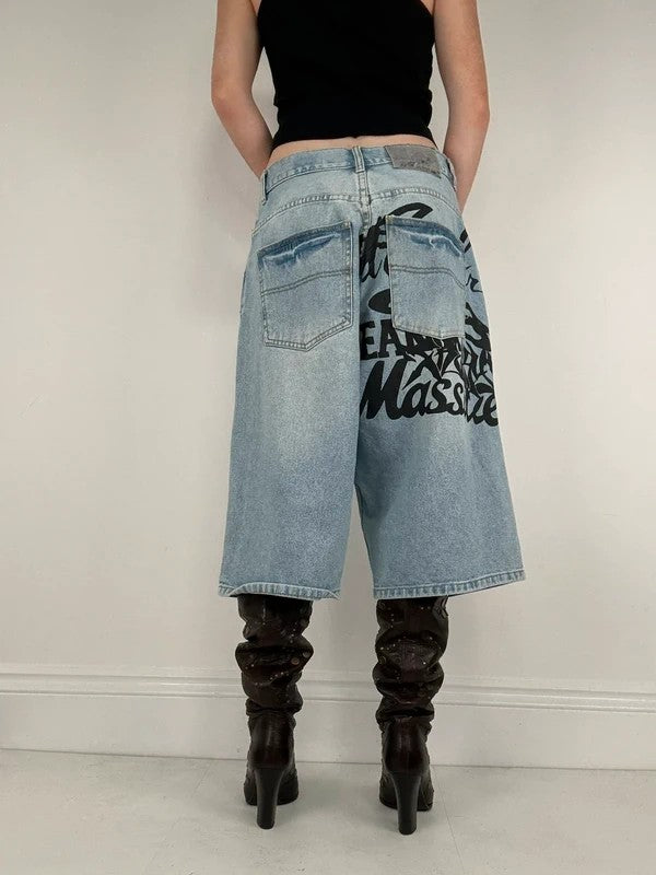 oversized wide leg denim jorts with graphic print