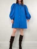 Blue cotton button puff midi shirt dress