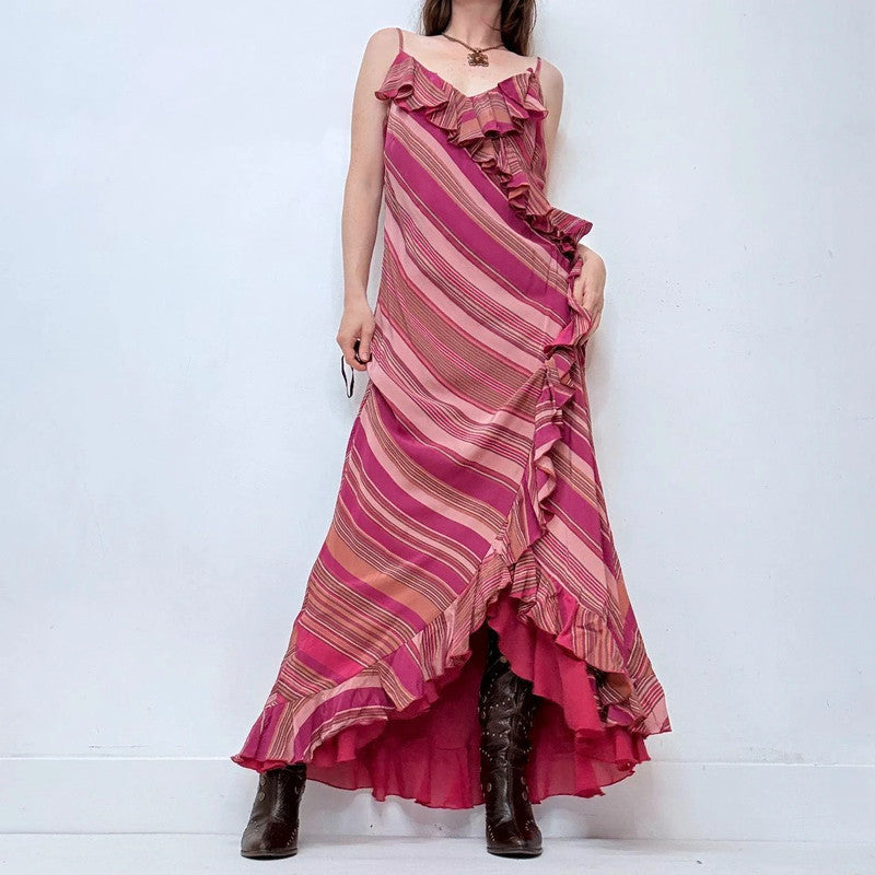 silk bias cut pinstripe silk maxi dress