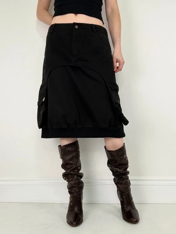 black layered utility midi skirt