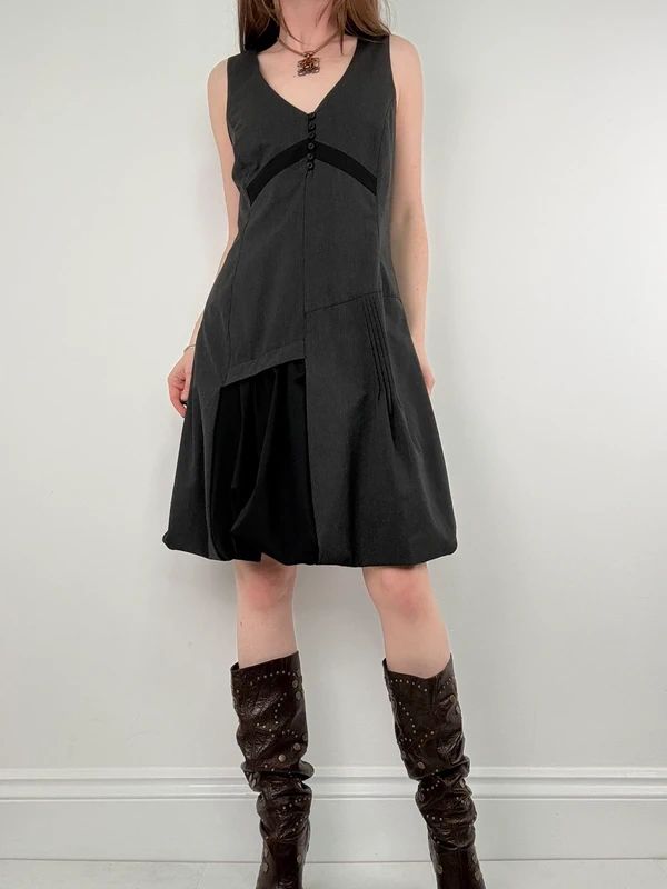 black deconstructed flared midi dress
