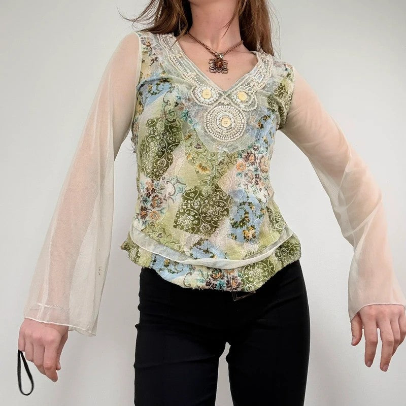 Mesh boho flare paisley print blouse t-shirt
