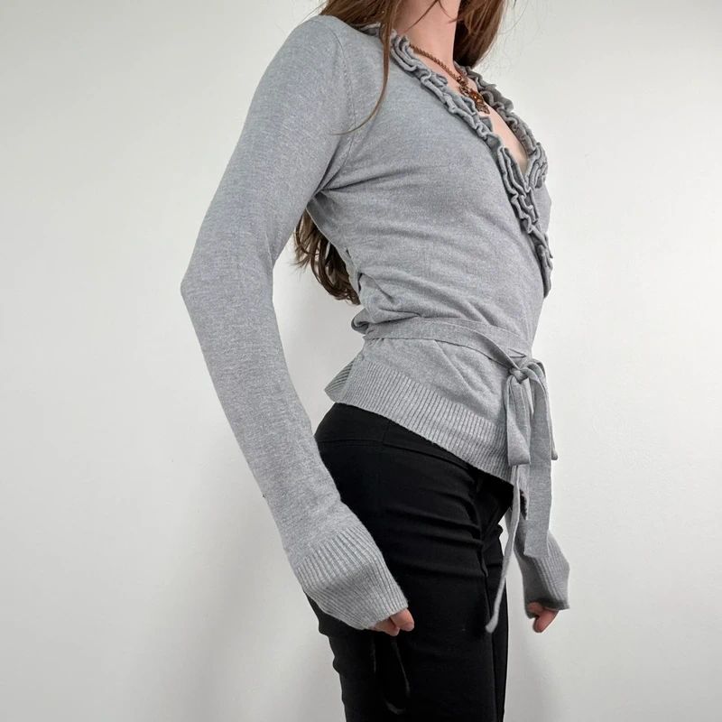 grey knit ruffle wrap cardigan