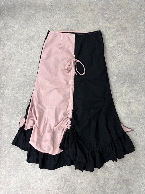 pink and navy gathered asymmetric flared maxi skirt