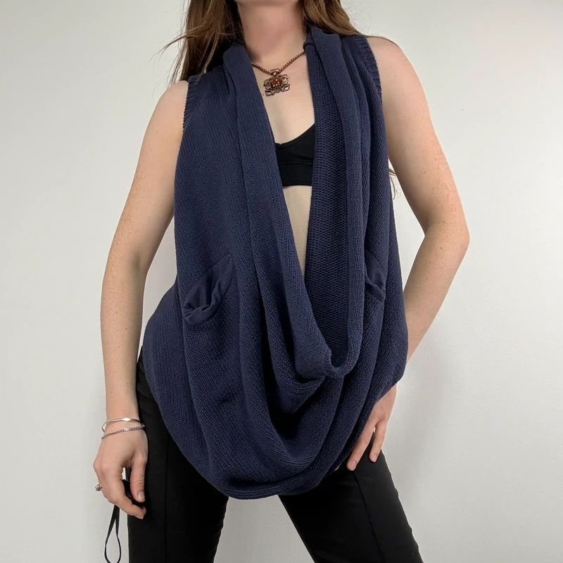 Navy knitted slouchy draped neck vest sweater