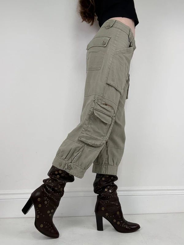khaki linen cropped pleated capri utility pants