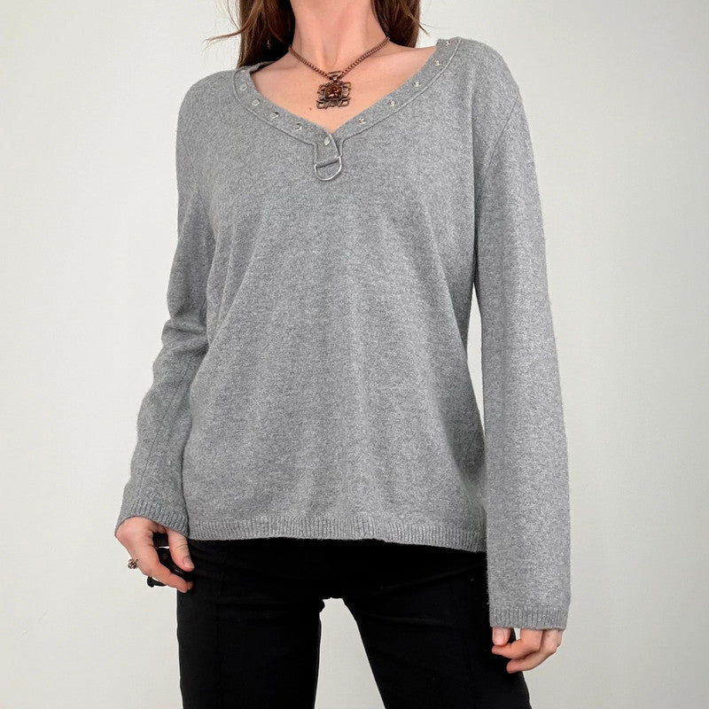 grey cashmere slouchy studded jumper