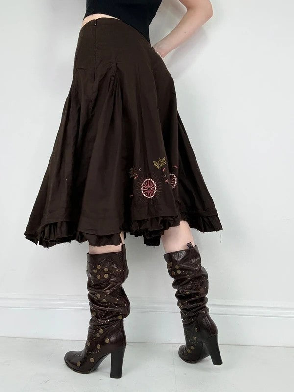 Brown cotton pleated flare boho floral skirt