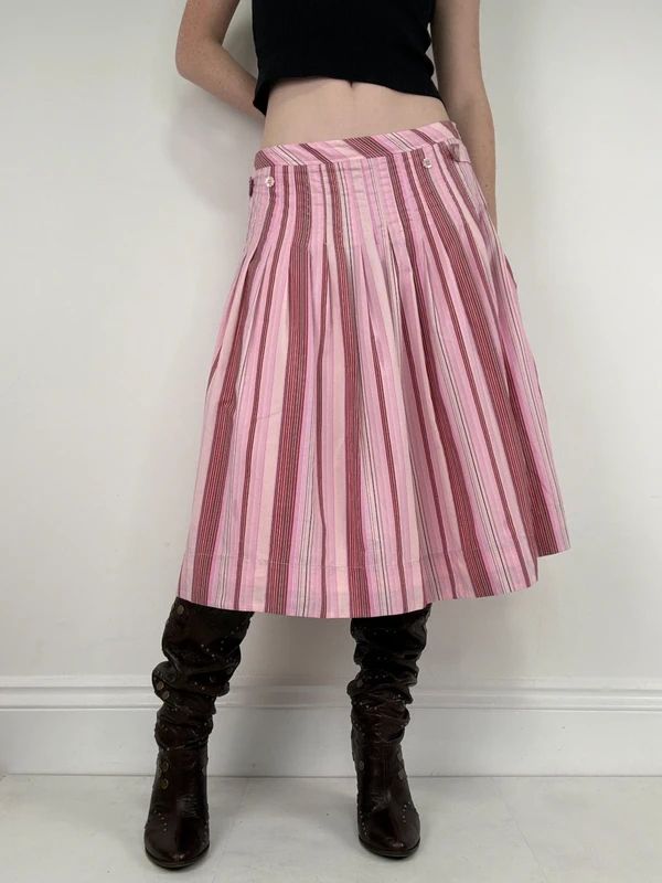 pink cotton pleated pinstripe flared midi skirt