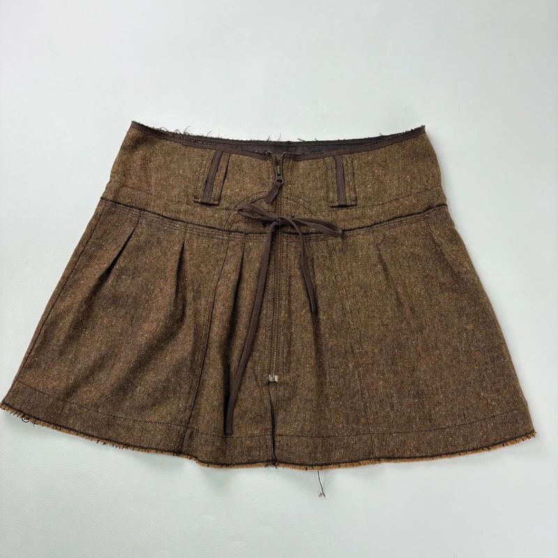 brown utility zip pleated midi skirt