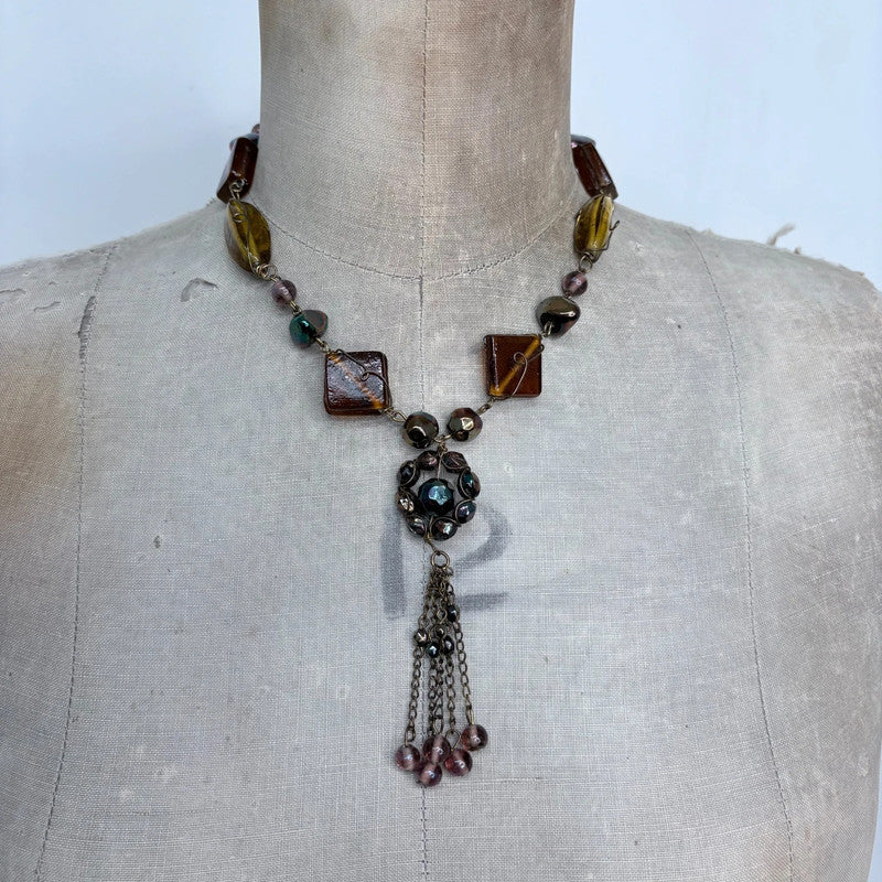 earthy tone beaded chain flower fairy necklace