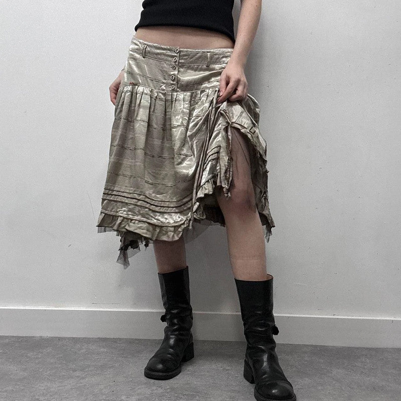 pinstripe ruffle satin midi skirt