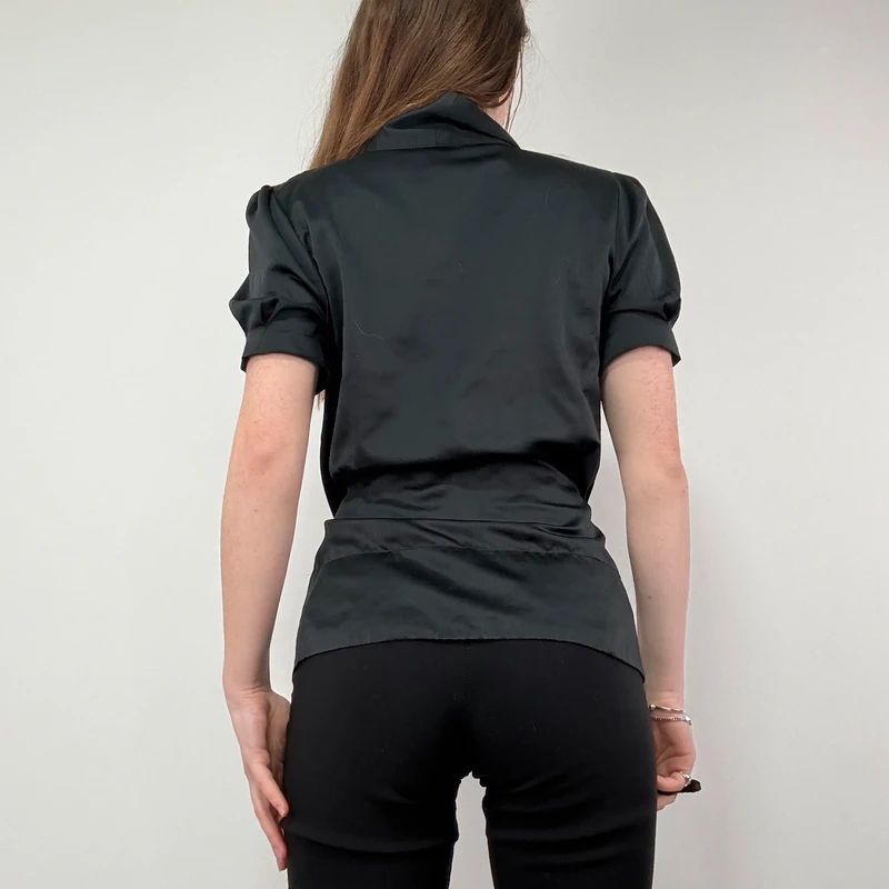 Black Satin Fitted Bow Shirt