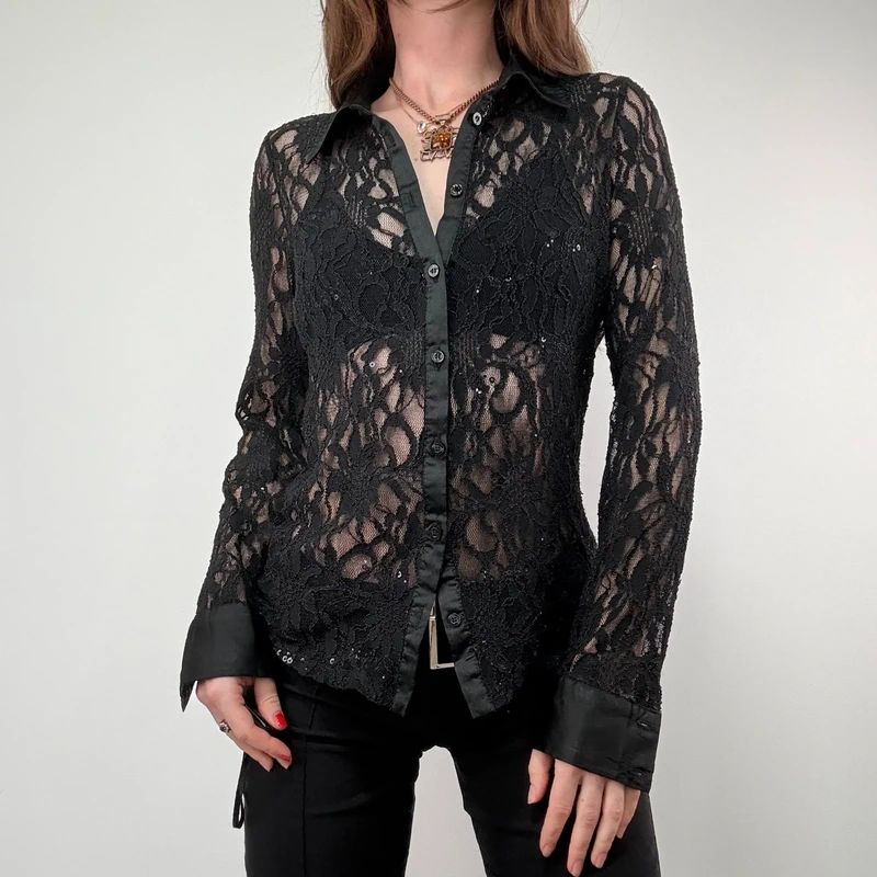 Sheer black Lace Flared Shirt
