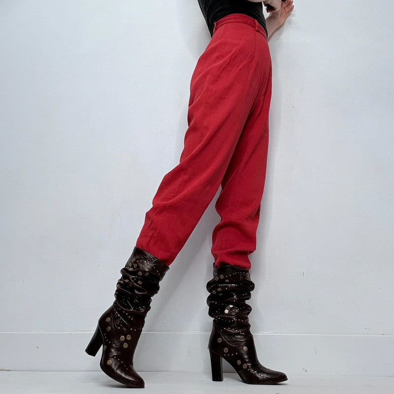 red pinstripe textured straight leg trousers