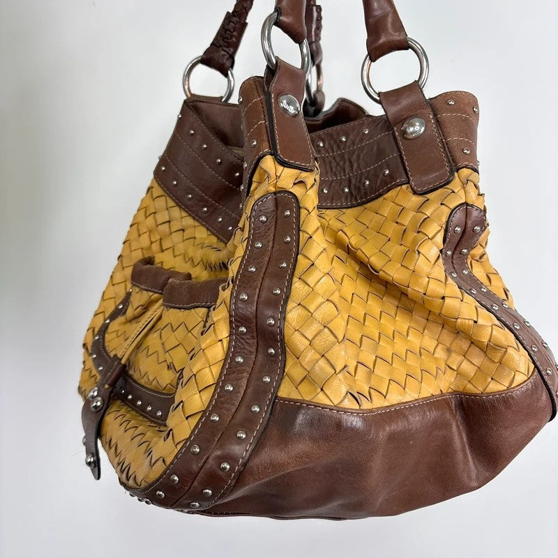 Woven leather brown Karen millen studded handbag