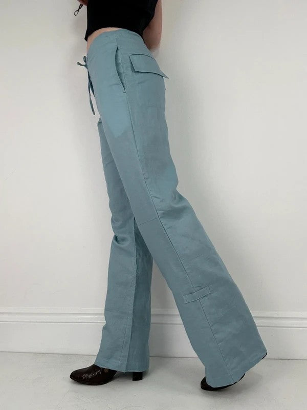 aqua blue wide leg linen trousers