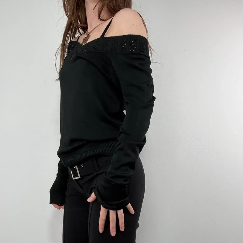 slouchy black off the shoulder glitter ribbed sweater