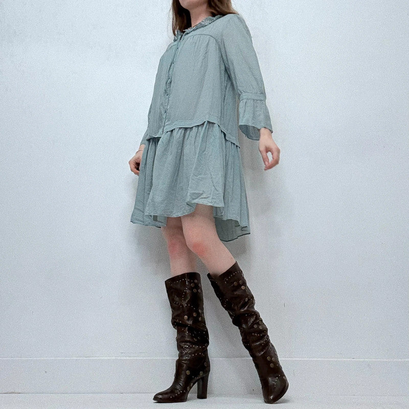 Cop Copine baby blue pleated flared shirt dress