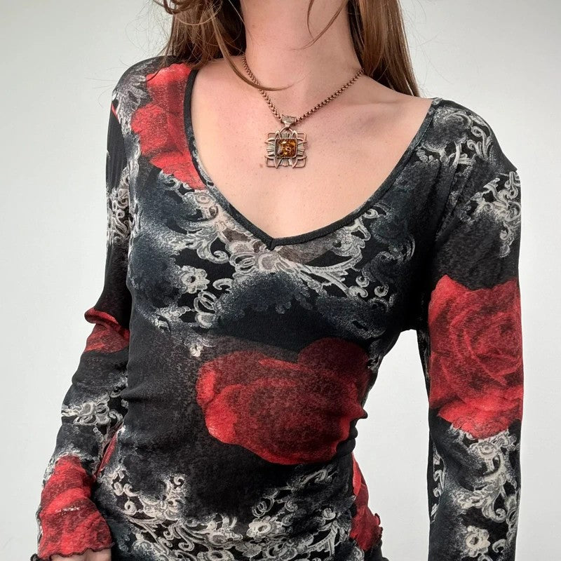 distressed floral rose print long sleeve mesh t-shirt