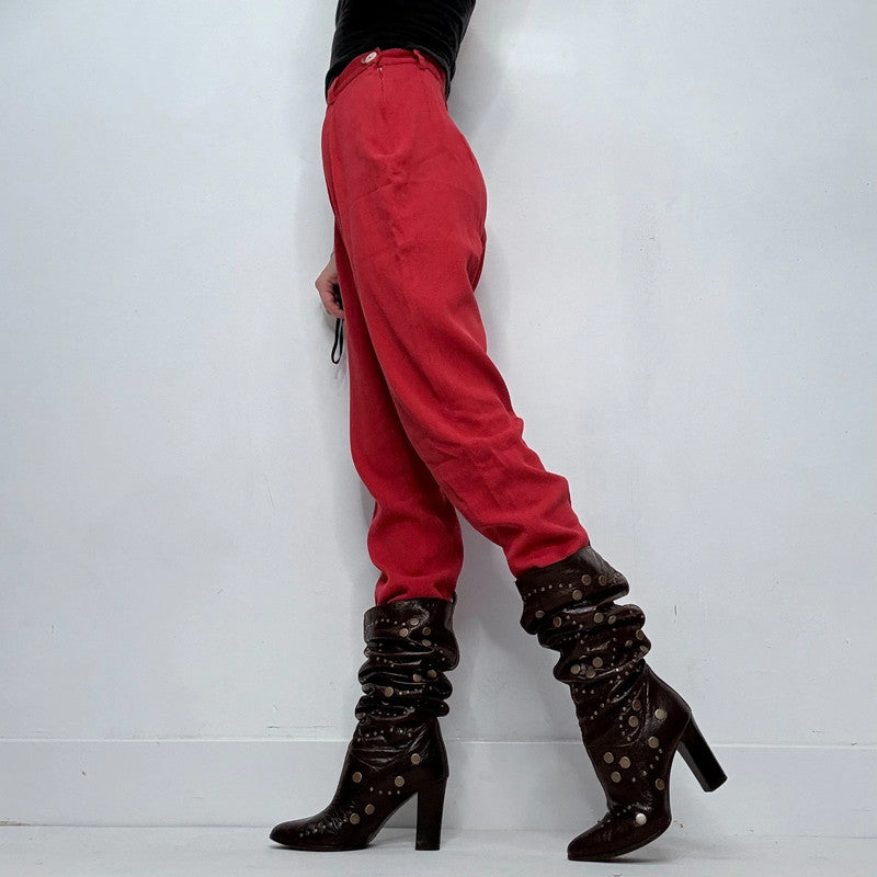 red pinstripe textured straight leg trousers