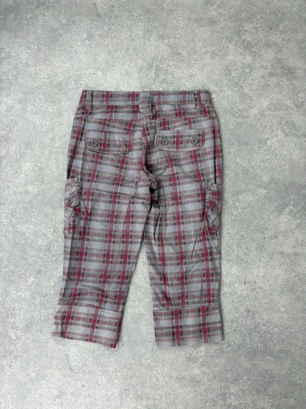 tartan checked red cargo denim capri pants