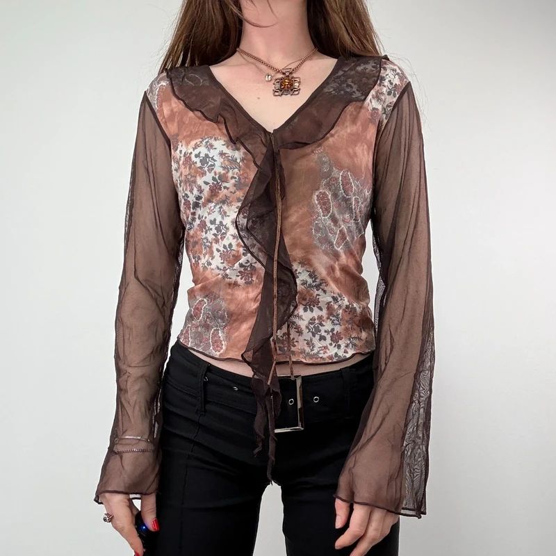 Brown floaty sheer Flared Boho Shirt