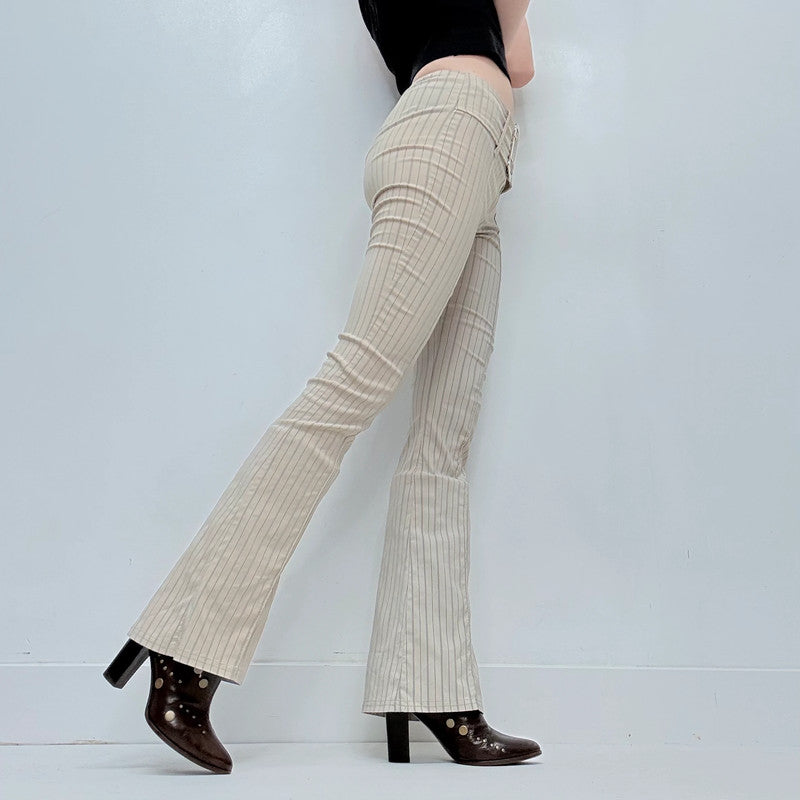 tan pinstripe buckle flared trousers