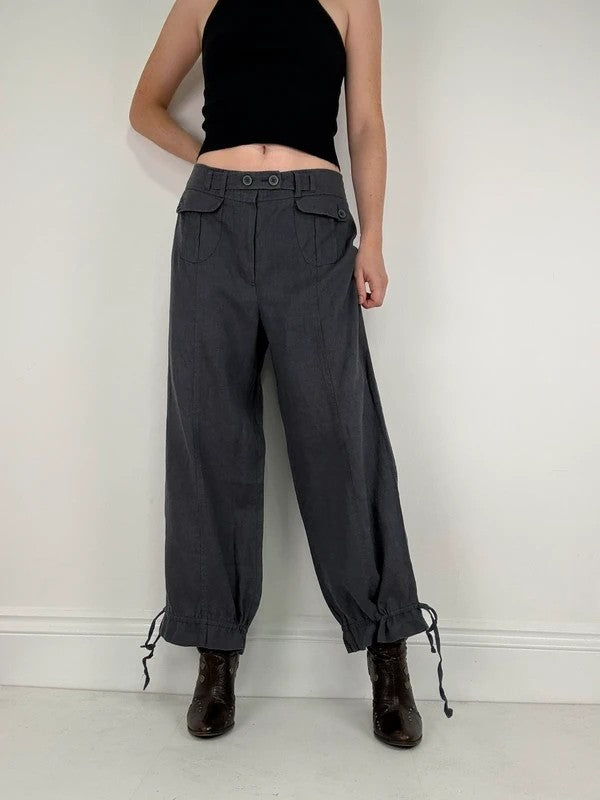 Navy linen puff leg drawstring bloomer trousers