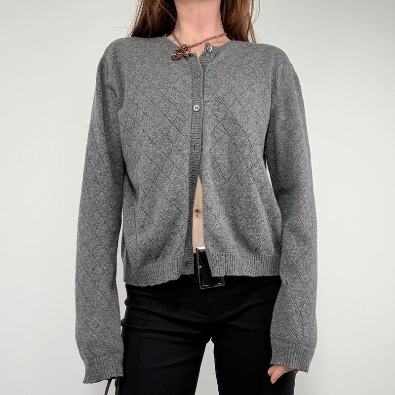 grey wool knitted pointelle cardigan