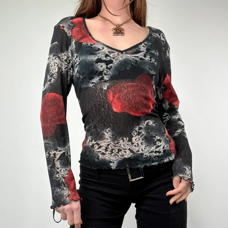 distressed floral rose print long sleeve mesh t-shirt