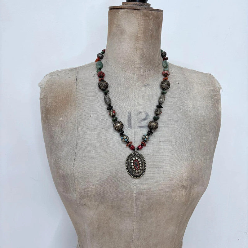 chunky beaded engraved boho necklace