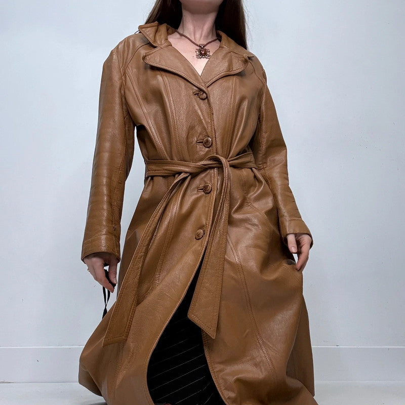 tan leather long trench coat