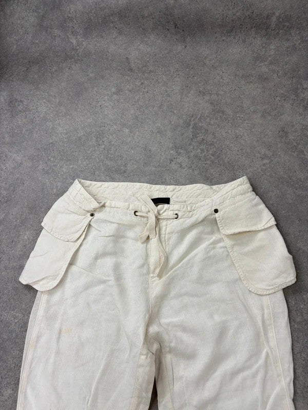 white linen flared utility button trousers