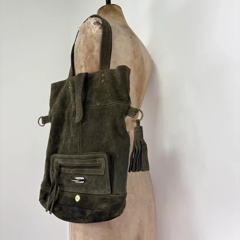 Khaki green suede leather tassel tote bag