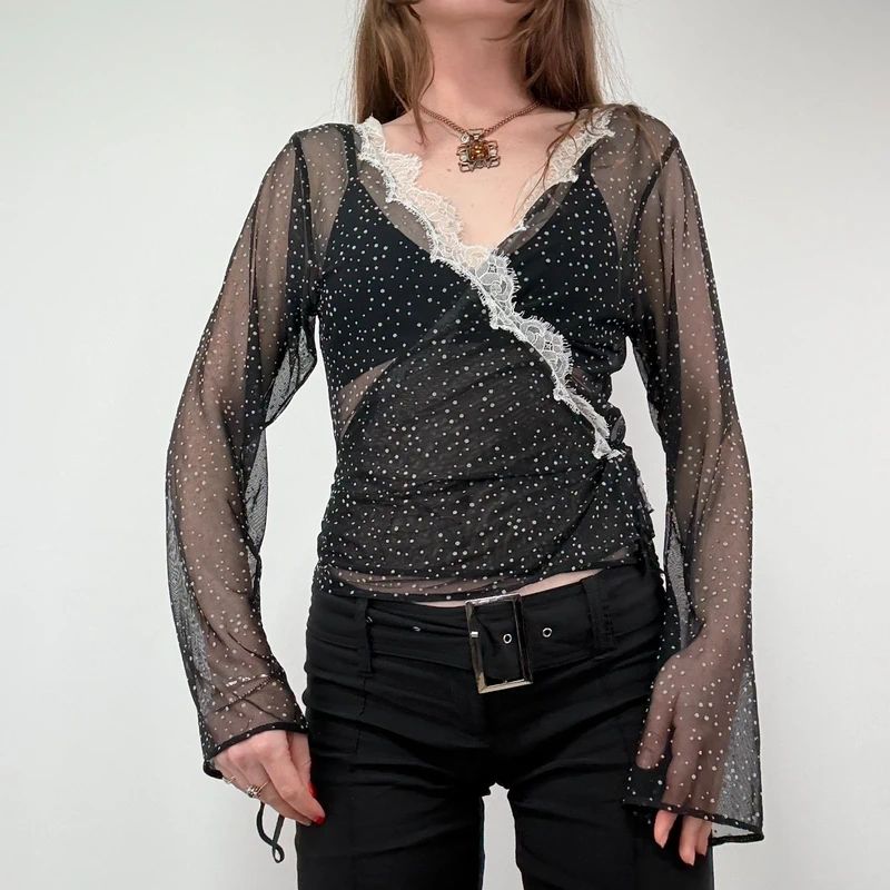 Sheer Lace Polka Dot Wrap Shirt
