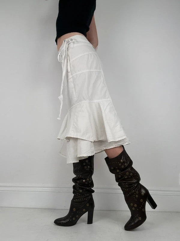 white ruffle low rise layered midi skirt
