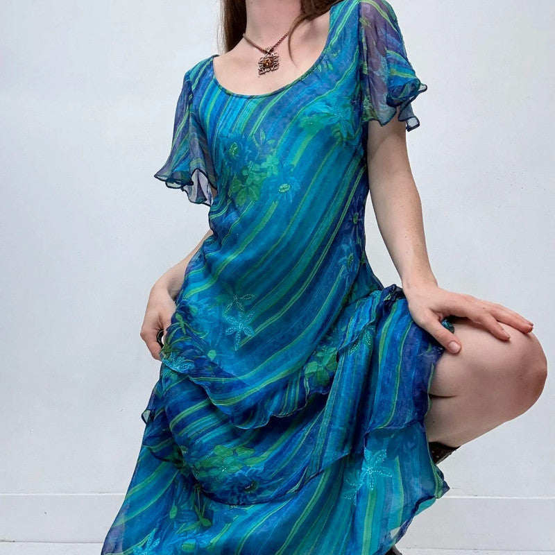 blue layered pinstripe ruffle dress