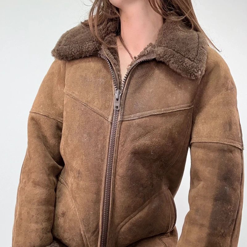 brown shearling aviator vintage jacket with zipper