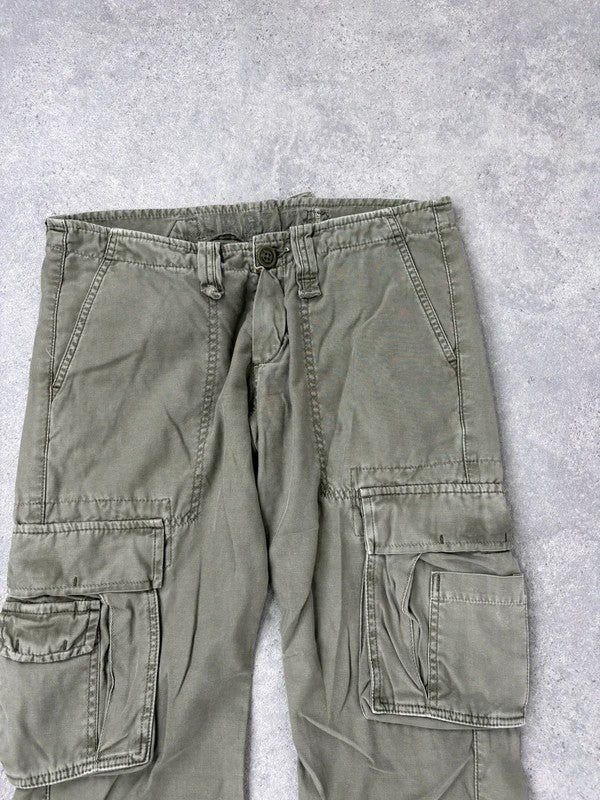 Low rise khaki flared cargo utility trousers