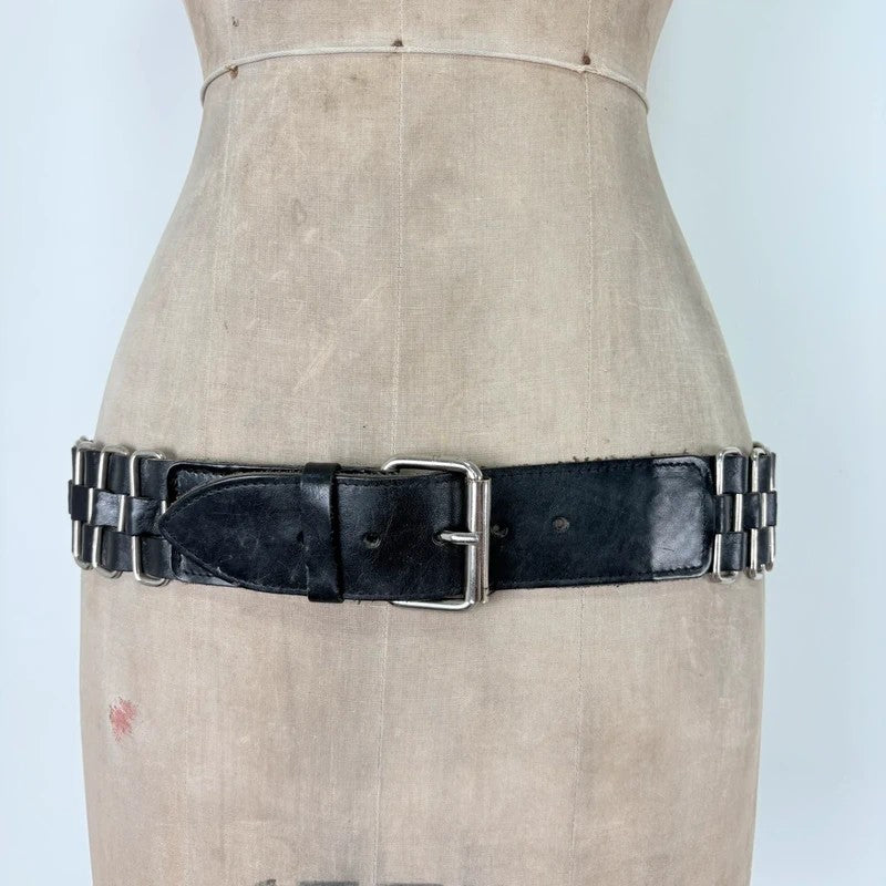 Black leather chunky metal belt