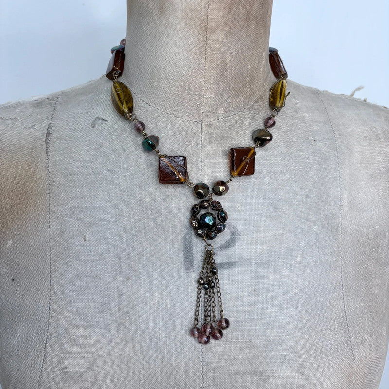earthy tone beaded chain flower fairy necklace