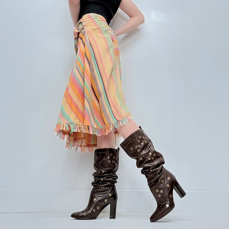 pinstriped asymmetric draped wrap skirt