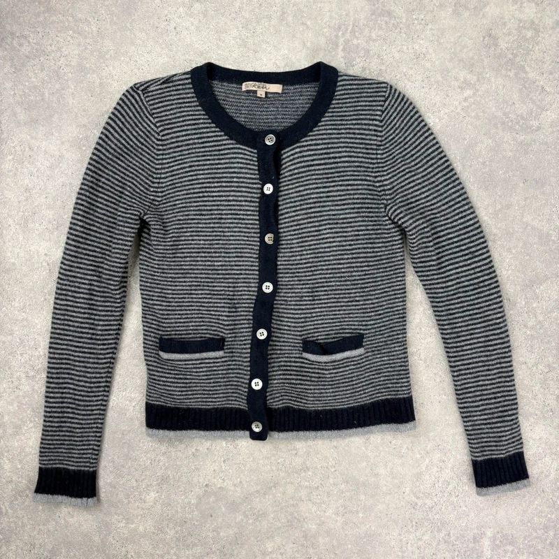 navy pinstripe button up cardigan crewneck