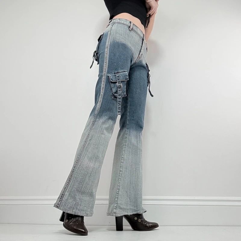 distressed fade flared jeans