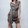 grey draped silk mini cargo dress