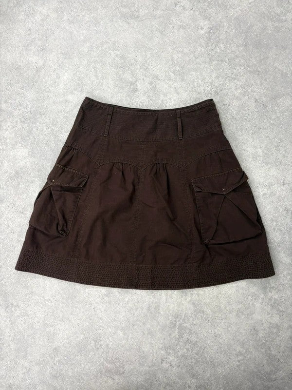 pleated brown cotton thick waistband drop waist puff midi skirt