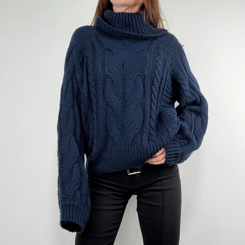 navy chunky cable knit turtle neck jumper