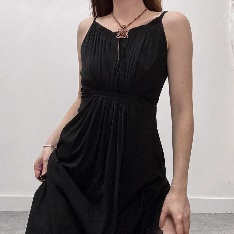 black pleated cinched mini dress