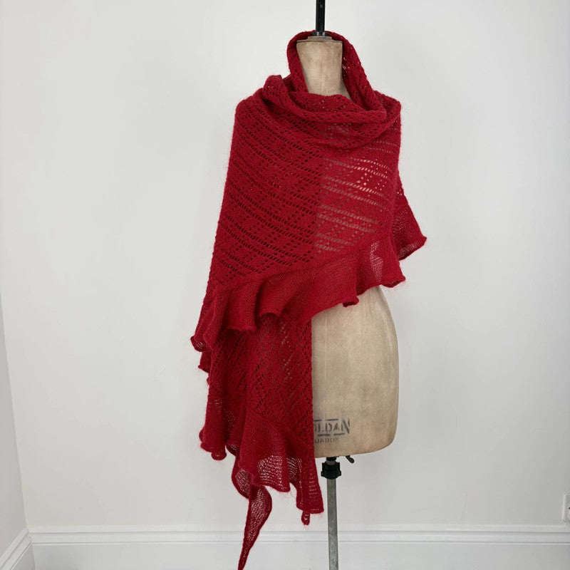 red mohair pointelle wool scarf